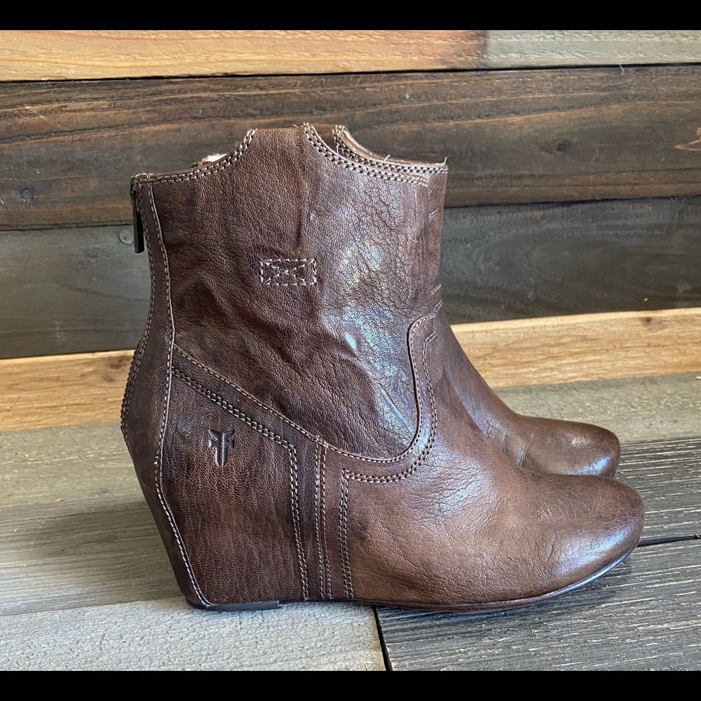 Frye Brown Leather Wedge Ankle Boots